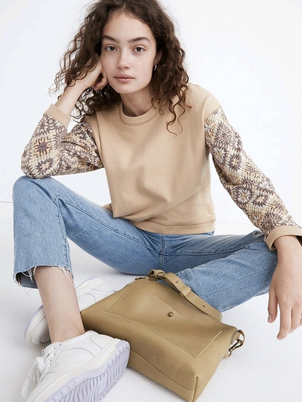 Madewell Beige Tan Quilted Sleeve (Re)Sourced Crewneck Sweater Womens Size L